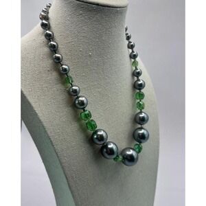 Vintage 1950s Japan Necklace Gray Faux Pearl Green Crystal Beads Mid-Century MCM